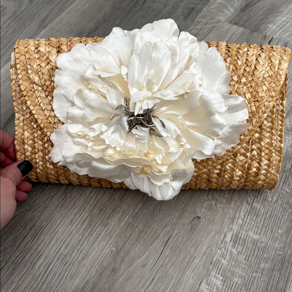Elegant Tan Clutch with White Floral Accent